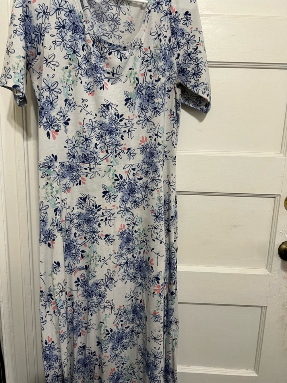 LuLaRoe Maxi Dress in White with Blue Floral Print and Pink Accents